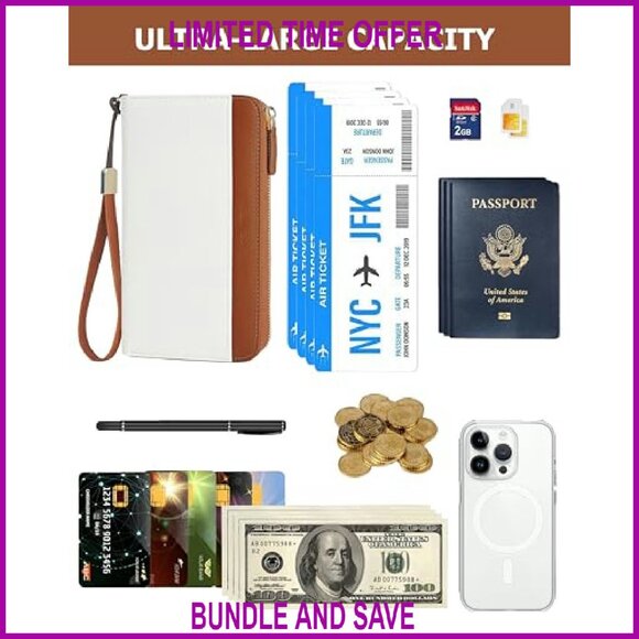 Large Travel Wallet RFID Zipper Passport Holder Clutch with Wristlet - Picture 7 of 8